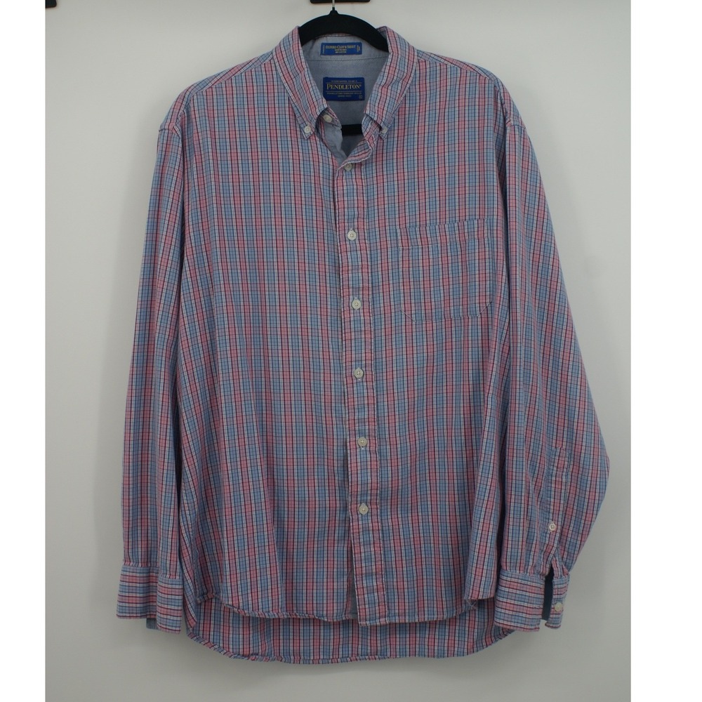 Pendleton Mens Oxford Cloth Shirt Blue Pink Plaid Button Down Long Sleeve Large